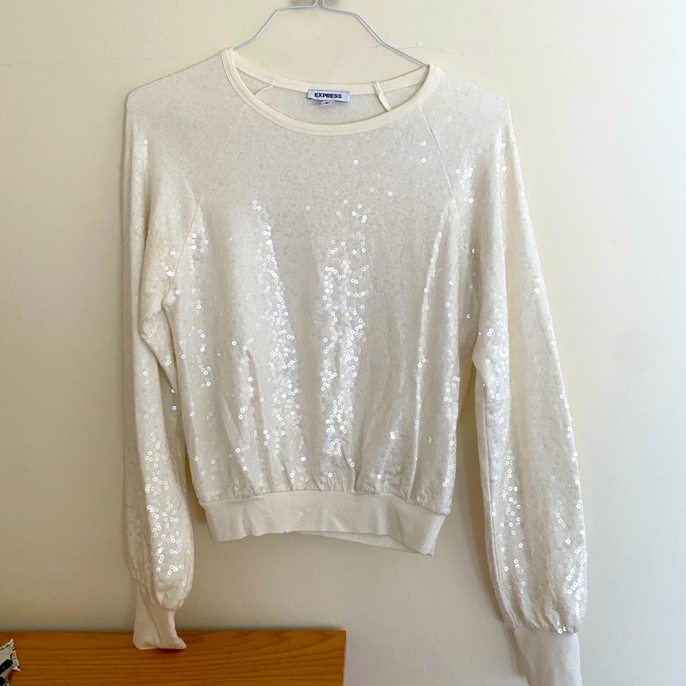 Express white sequin long sleeve top